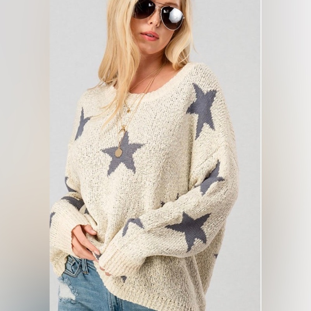 Newbury Kustom Cream Crewneck Sweater with Gray Stars